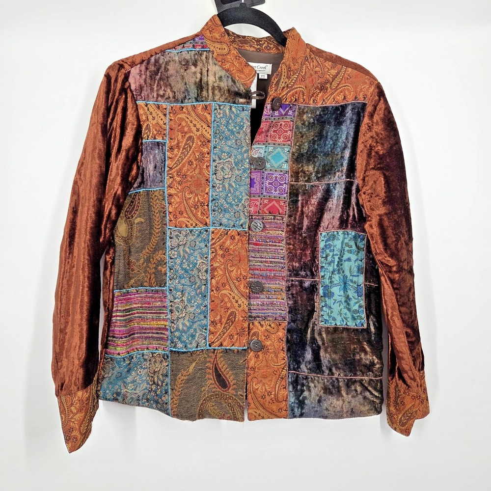 Coldwater Creek Patchwork Jacket Womens PS Copper Velvet Paisley Boho Artisan